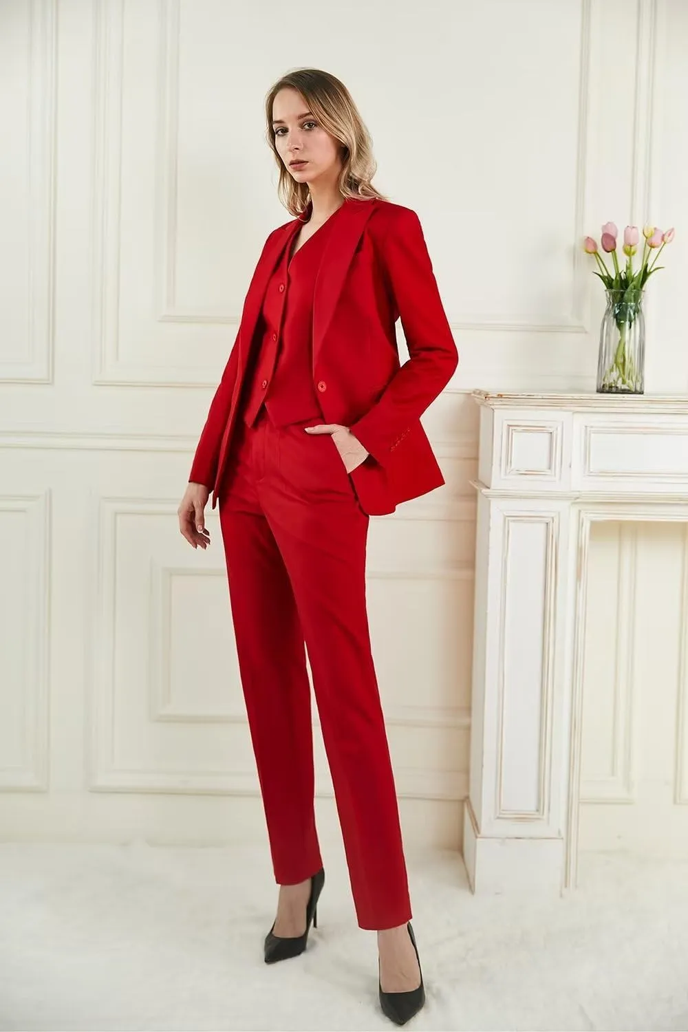 Business Women Suit Set 3 Pieces Notch Lapel Single Breasted Vest for Office Work Lady Suits (Blazer Vest Pants)