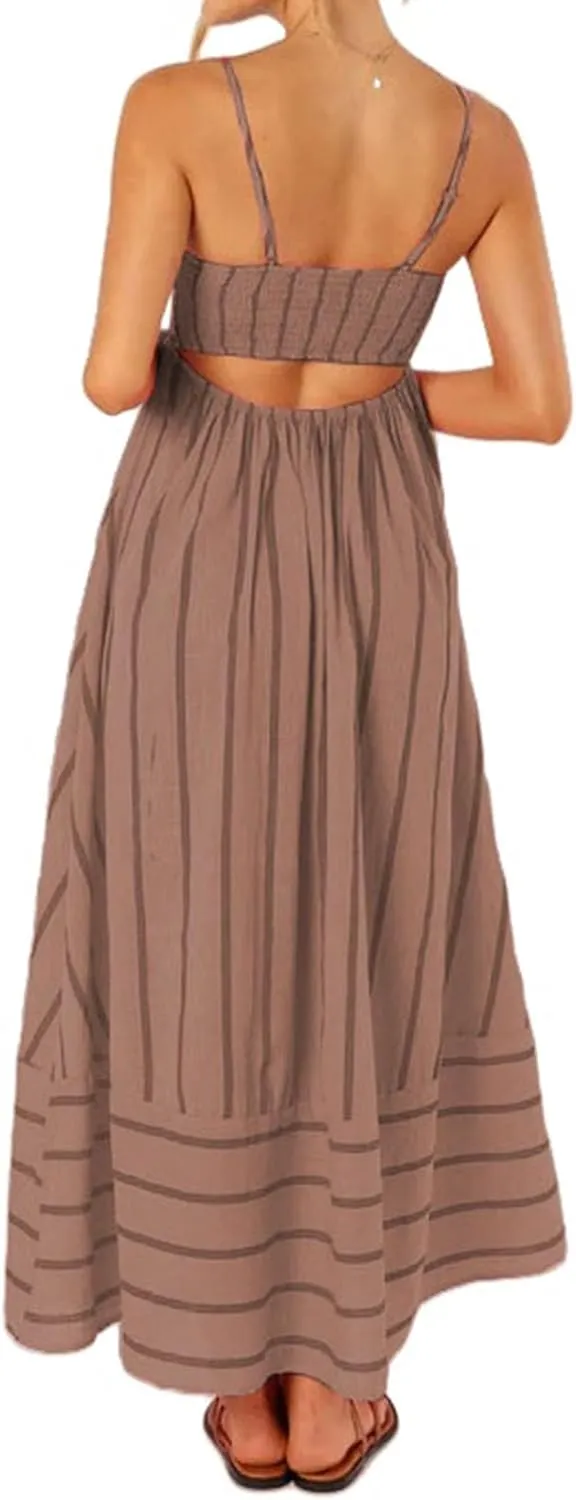 Canbebig Flowy Dresses for Women Sleeveless Striped Maxi Dress Spaghetti Strap Cut Out Flowy Dress Flowy Swing Sundress