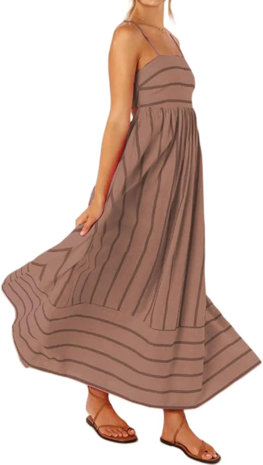 Canbebig Flowy Dresses for Women Sleeveless Striped Maxi Dress Spaghetti Strap Cut Out Flowy Dress Flowy Swing Sundress