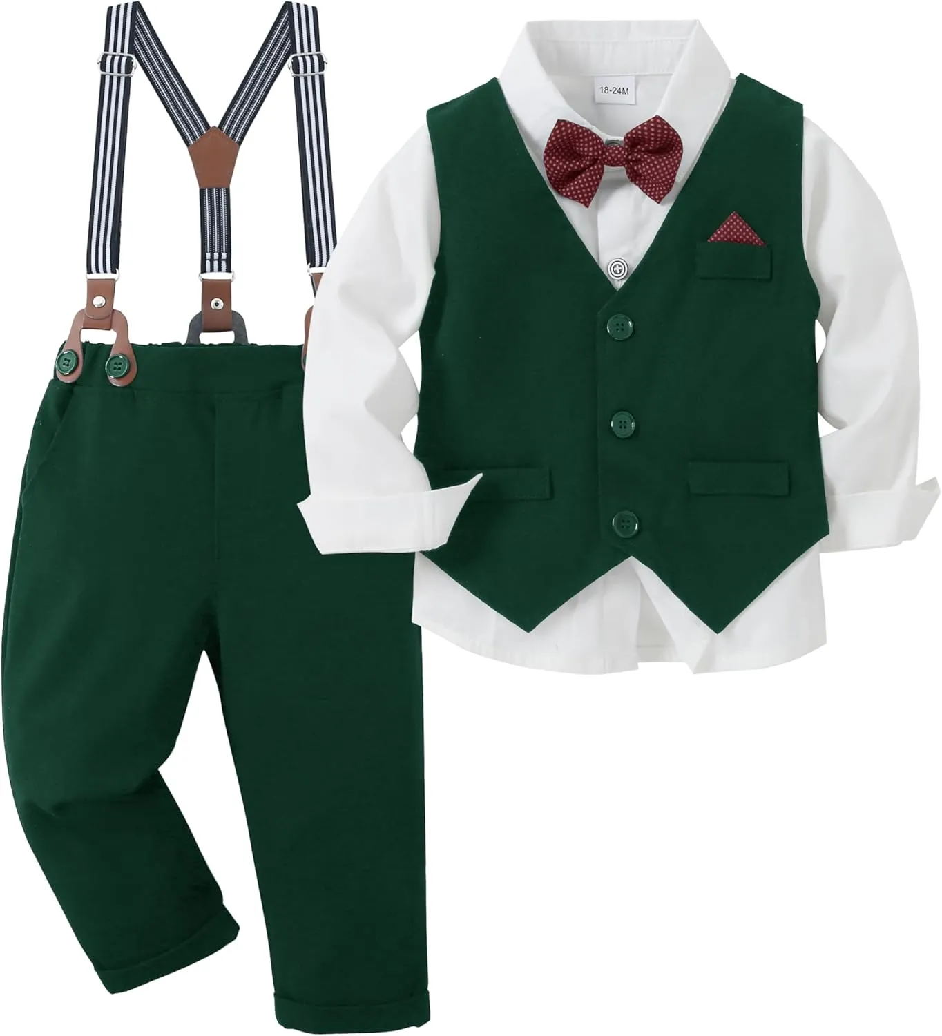 CARETOO Toddler Baby Boy Clothes Suit 5Pcs Gentleman Wedding Outfit Dress Shirt Vest Bow Tie Suspender Pant Formal Set 12M-5T