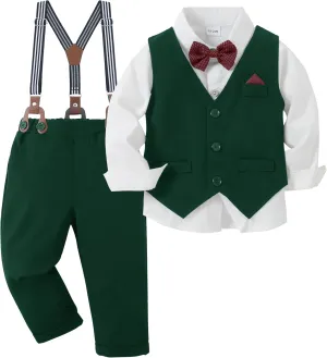 CARETOO Toddler Baby Boy Clothes Suit 5Pcs Gentleman Wedding Outfit Dress Shirt Vest Bow Tie Suspender Pant Formal Set 12M-5T