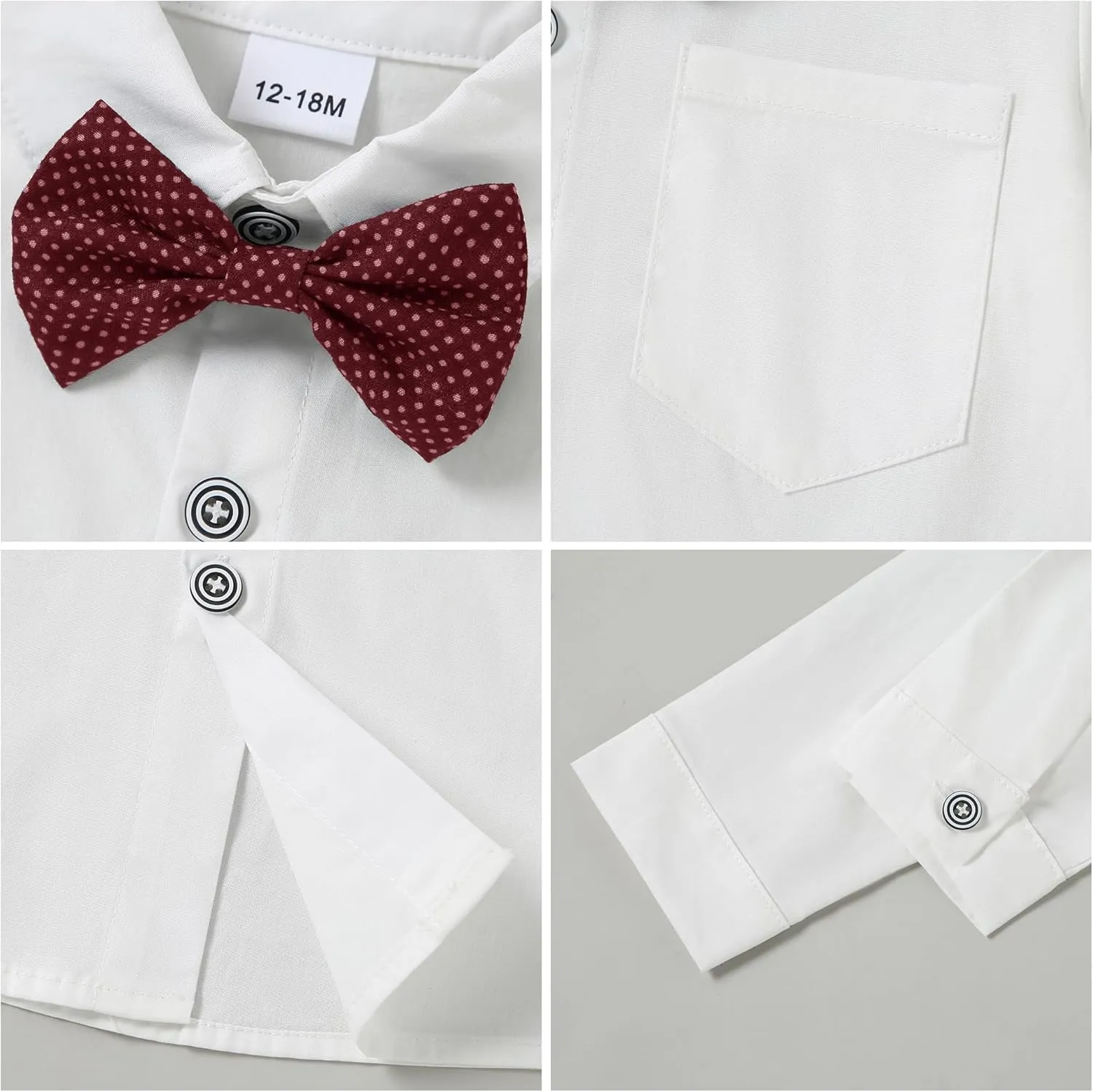 CARETOO Toddler Baby Boy Clothes Suit 5Pcs Gentleman Wedding Outfit Dress Shirt Vest Bow Tie Suspender Pant Formal Set 12M-5T