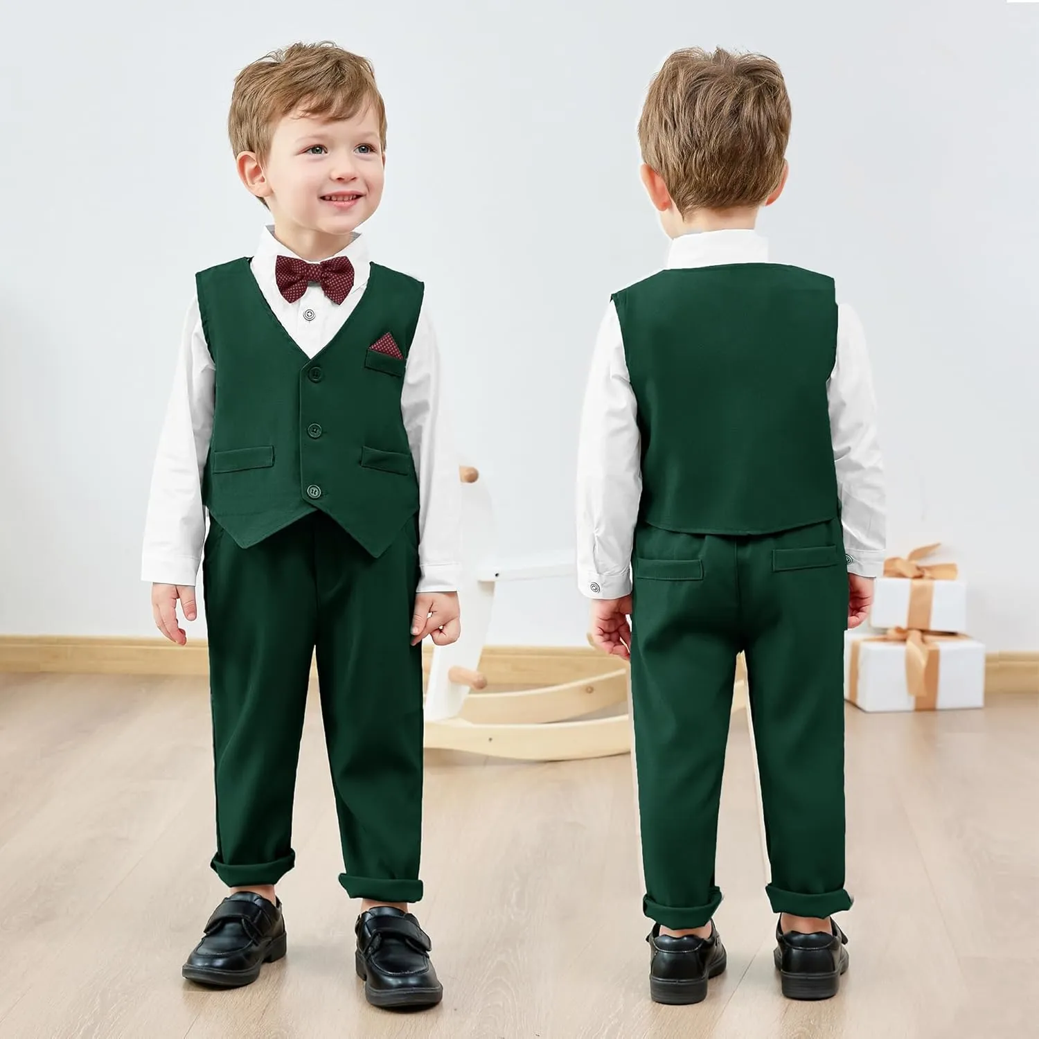 CARETOO Toddler Baby Boy Clothes Suit 5Pcs Gentleman Wedding Outfit Dress Shirt Vest Bow Tie Suspender Pant Formal Set 12M-5T