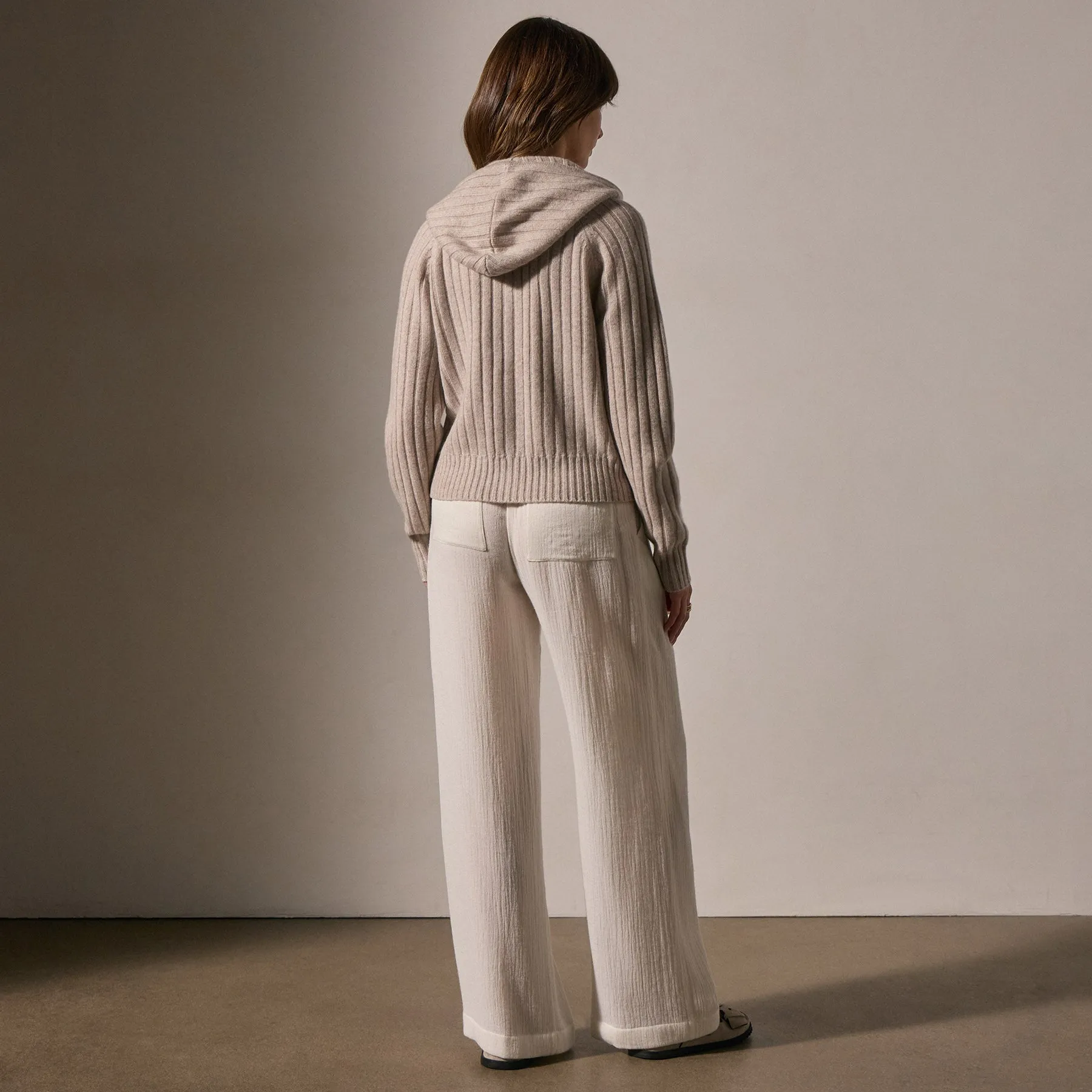 Cashmere Wide Ribbed Hoodie - Soft Beige