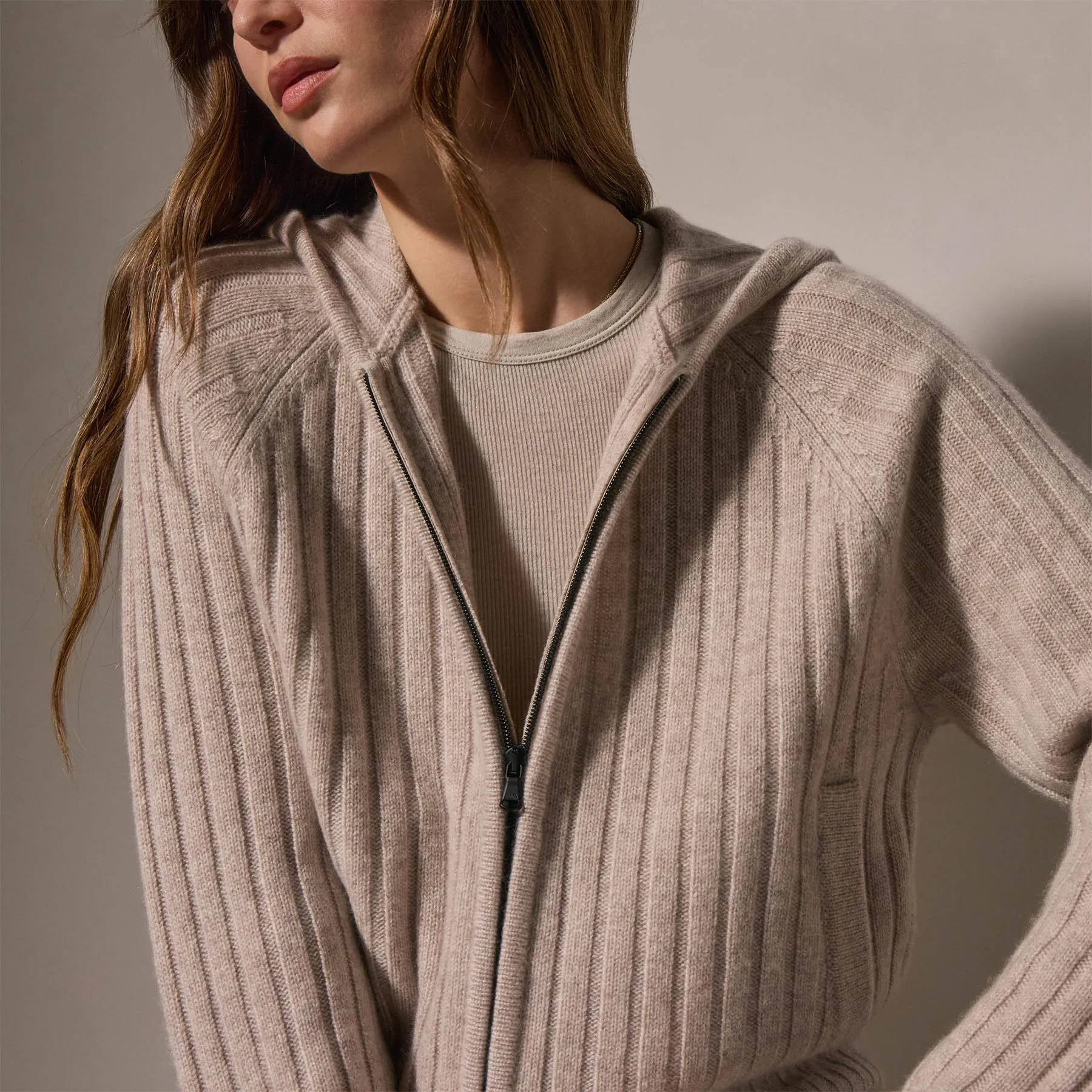 Cashmere Wide Ribbed Hoodie - Soft Beige