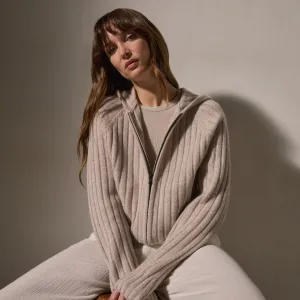 Cashmere Wide Ribbed Hoodie - Soft Beige