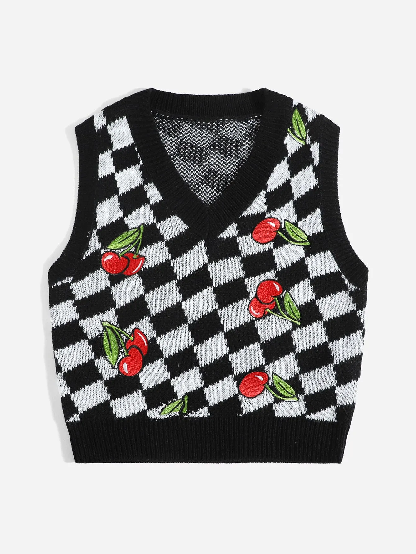 Casual Fruit&Vegetable Embroidery Sleeveless V Neck Crop Women Knit Top
