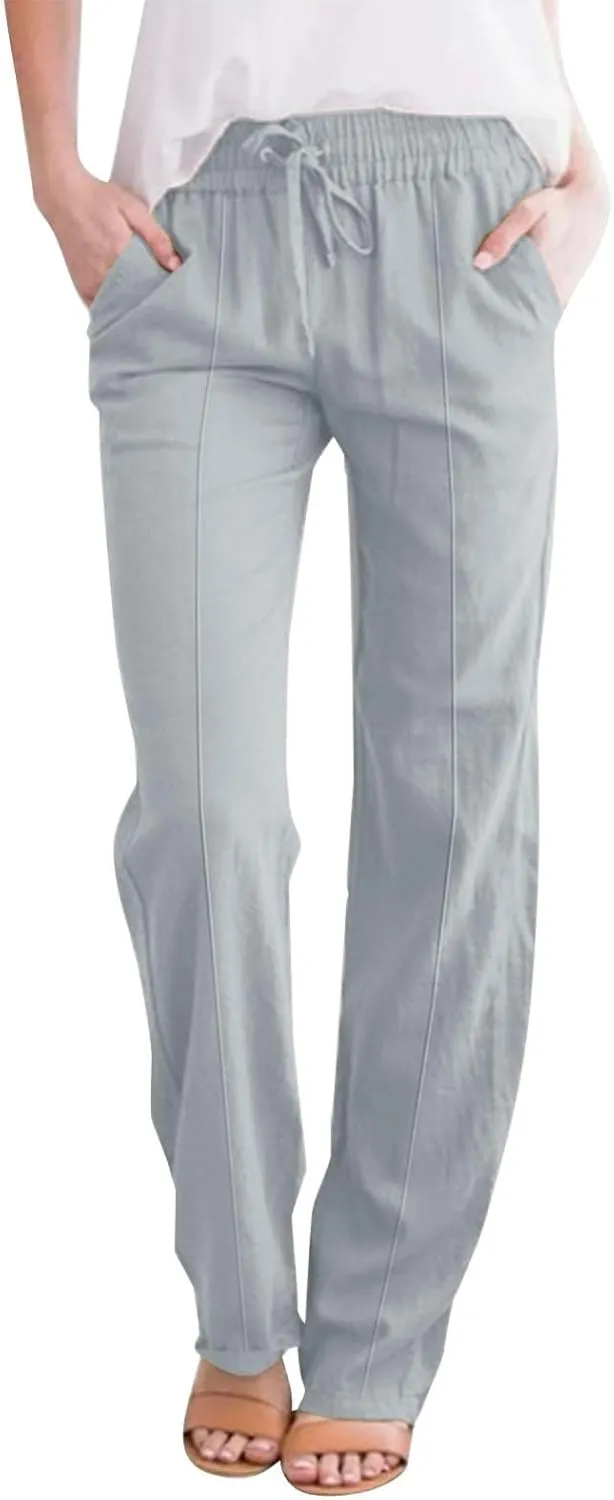 Casual Linen Pants Women Summer Trendy Drawstring Waist Plus Size Pants Lightweight Baggy Lounge Pants with Pockets