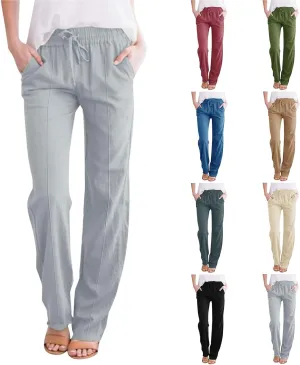 Casual Linen Pants Women Summer Trendy Drawstring Waist Plus Size Pants Lightweight Baggy Lounge Pants with Pockets