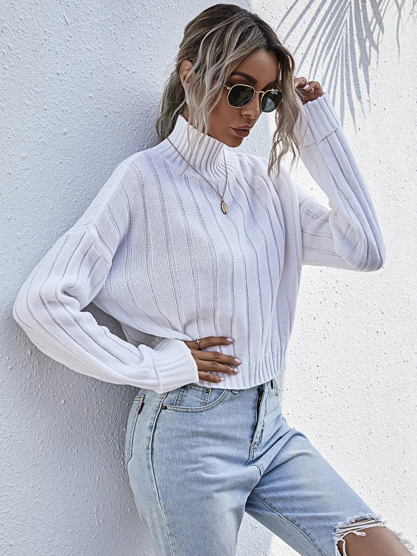Casual Plain Rib-Knit Long Sleeve High Neck Regular Women Sweater