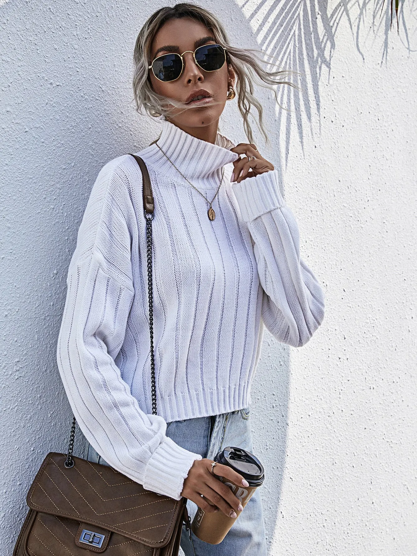 Casual Plain Rib-Knit Long Sleeve High Neck Regular Women Sweater