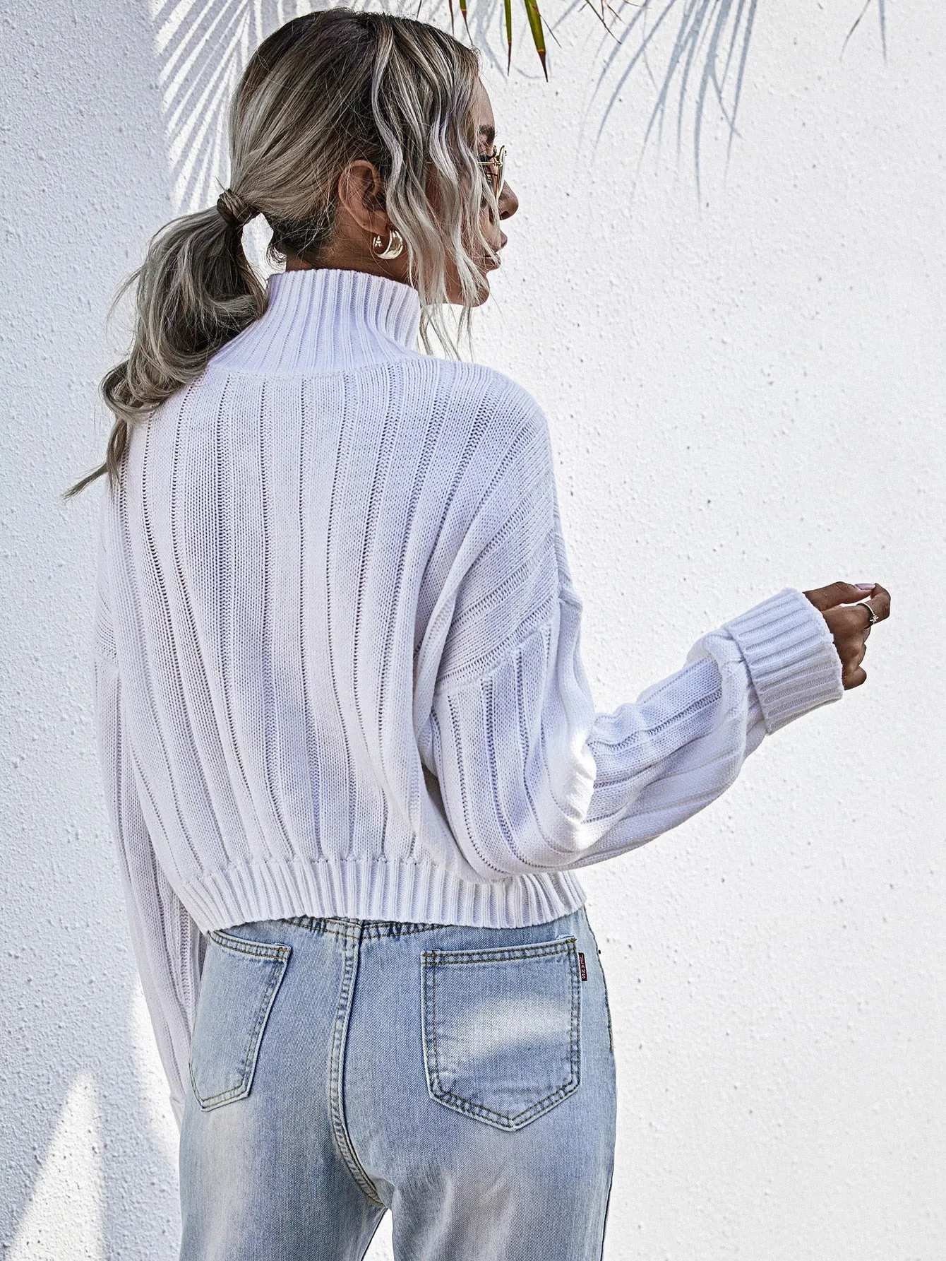 Casual Plain Rib-Knit Long Sleeve High Neck Regular Women Sweater