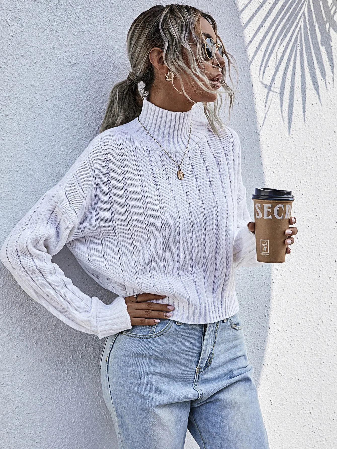 Casual Plain Rib-Knit Long Sleeve High Neck Regular Women Sweater