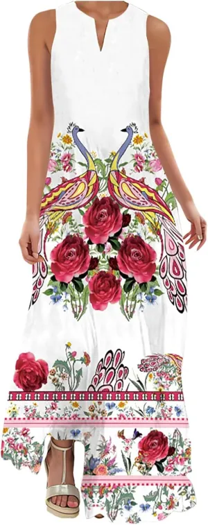 Cbcbtwo LongMaxi Dresses for Women Casual Spring Summer Fasion 2025 Sleeveless V-Neck Beach Dress Floral Print Vacation Dress