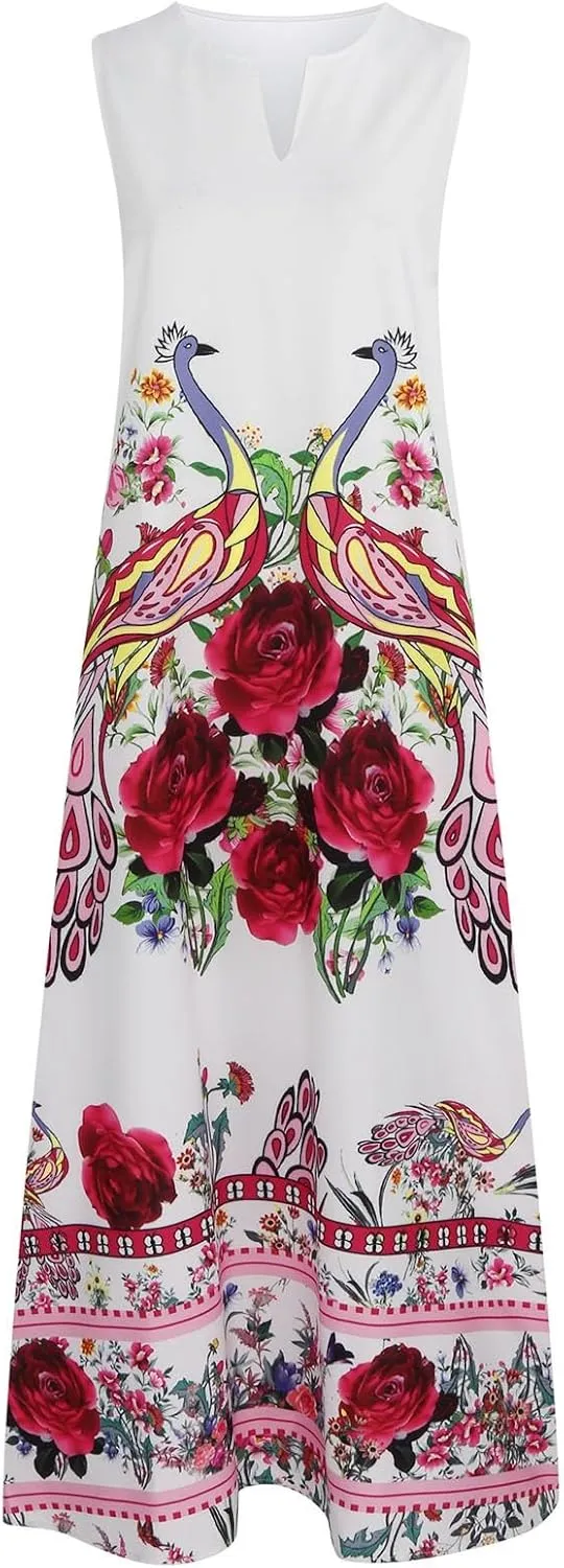 Cbcbtwo LongMaxi Dresses for Women Casual Spring Summer Fasion 2025 Sleeveless V-Neck Beach Dress Floral Print Vacation Dress