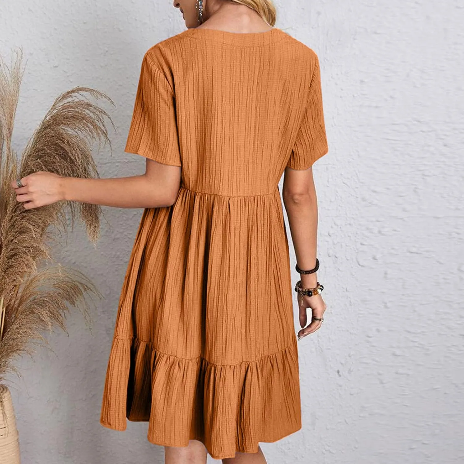 Cbcbtwo Summer Dresses for Women 2025 Casual Loose Fit V Neck Dress Short Sleeve Solid Flowy Sundress Vacation Midi Dress