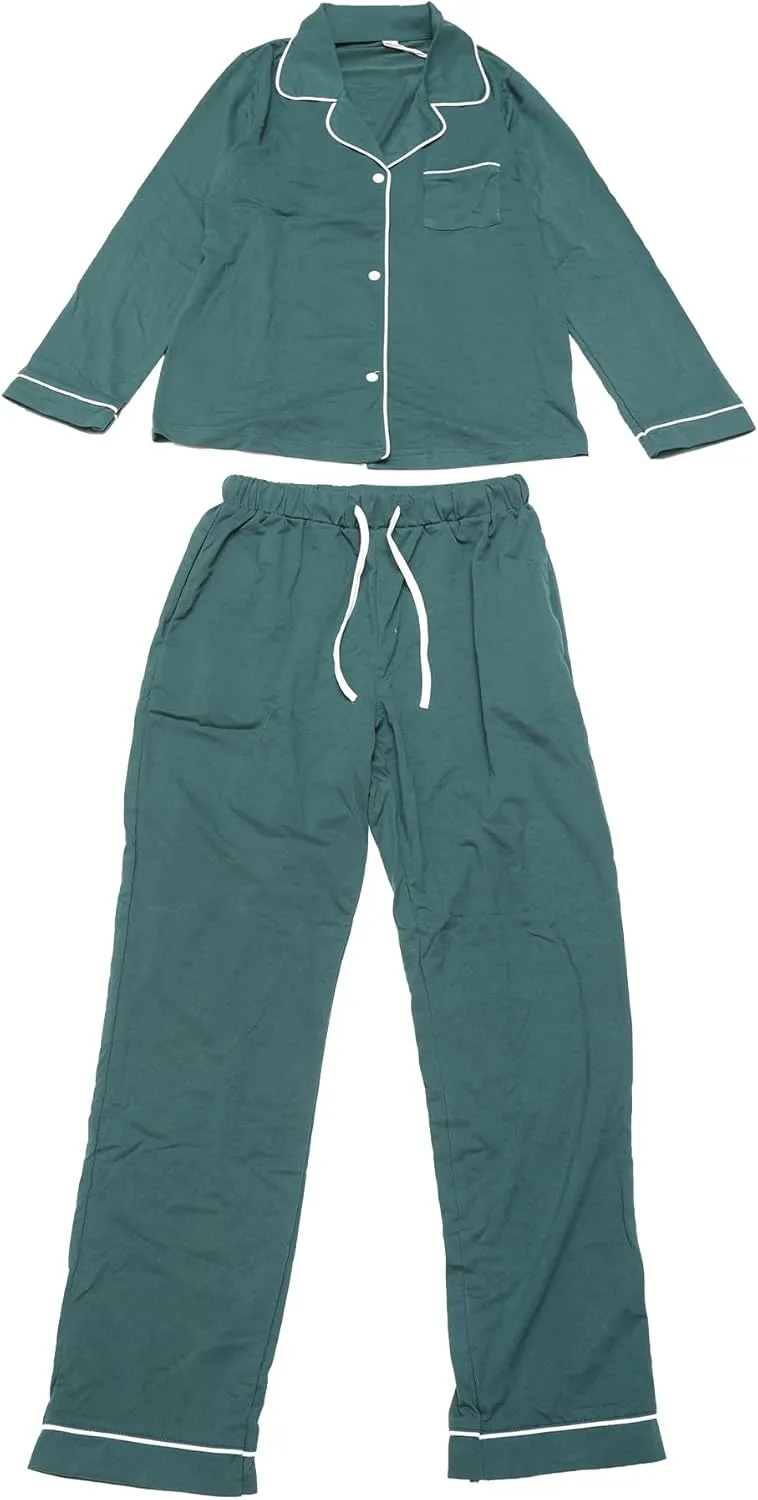 cheibear Womens Long Sleeve Button Down Notch Collar Pajamas Set Loungewear Drawstring Pants with Pockets