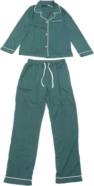 cheibear Womens Long Sleeve Button Down Notch Collar Pajamas Set Loungewear Drawstring Pants with Pockets