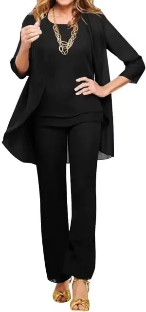 Chiffon Mother of The Bride Pant Suits Petite 3 Pieces Formal Outfit Sets for Women Evening Party