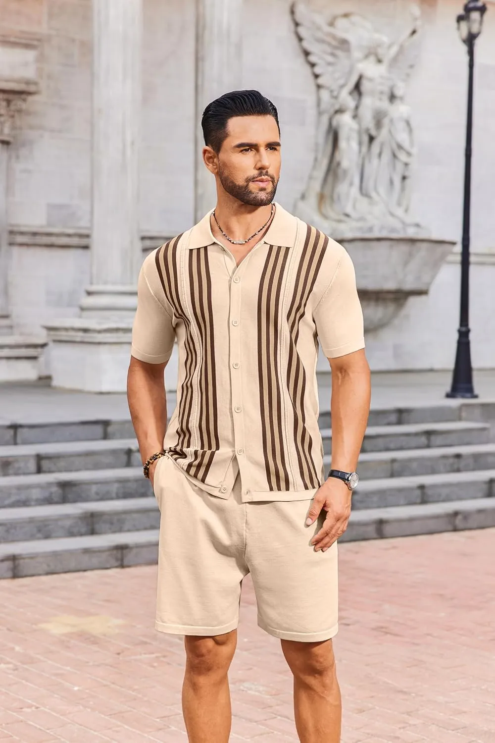 COOFANDY Men's 2 Piece Outfits Summer Short Sets Vintage Knit Button Down Shirt Short Sleeve Polo Casual Beach Suits