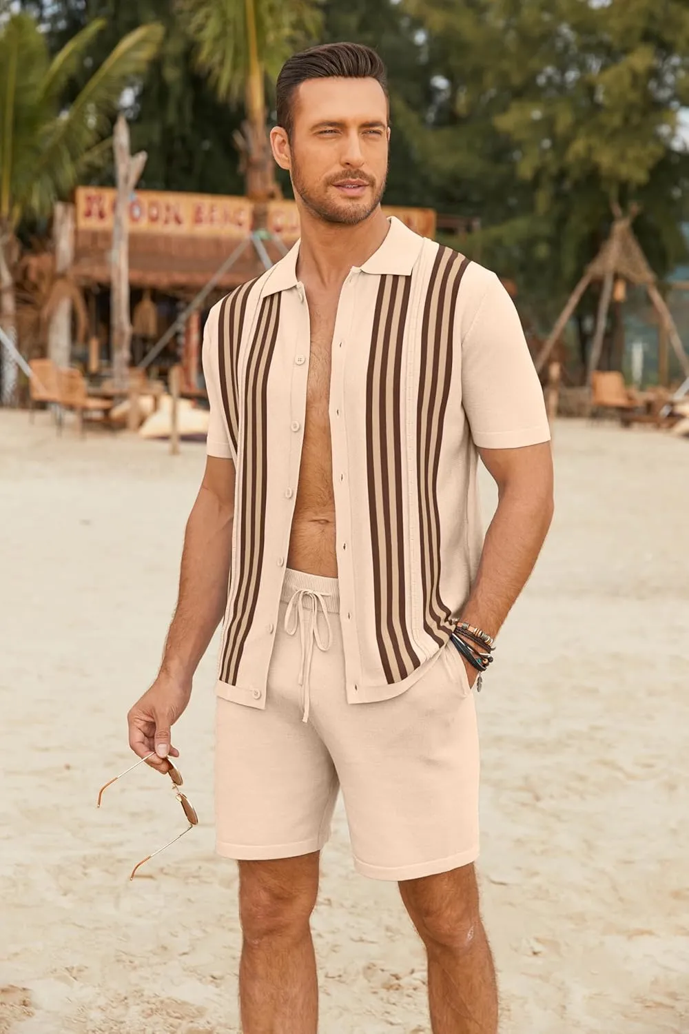 COOFANDY Men's 2 Piece Outfits Summer Short Sets Vintage Knit Button Down Shirt Short Sleeve Polo Casual Beach Suits