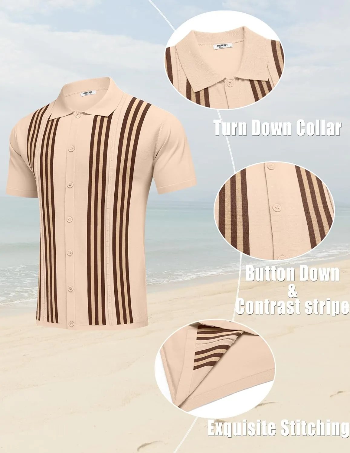 COOFANDY Men's 2 Piece Outfits Summer Short Sets Vintage Knit Button Down Shirt Short Sleeve Polo Casual Beach Suits
