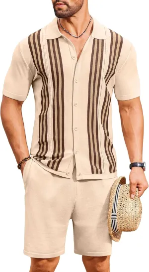COOFANDY Men's 2 Piece Outfits Summer Short Sets Vintage Knit Button Down Shirt Short Sleeve Polo Casual Beach Suits