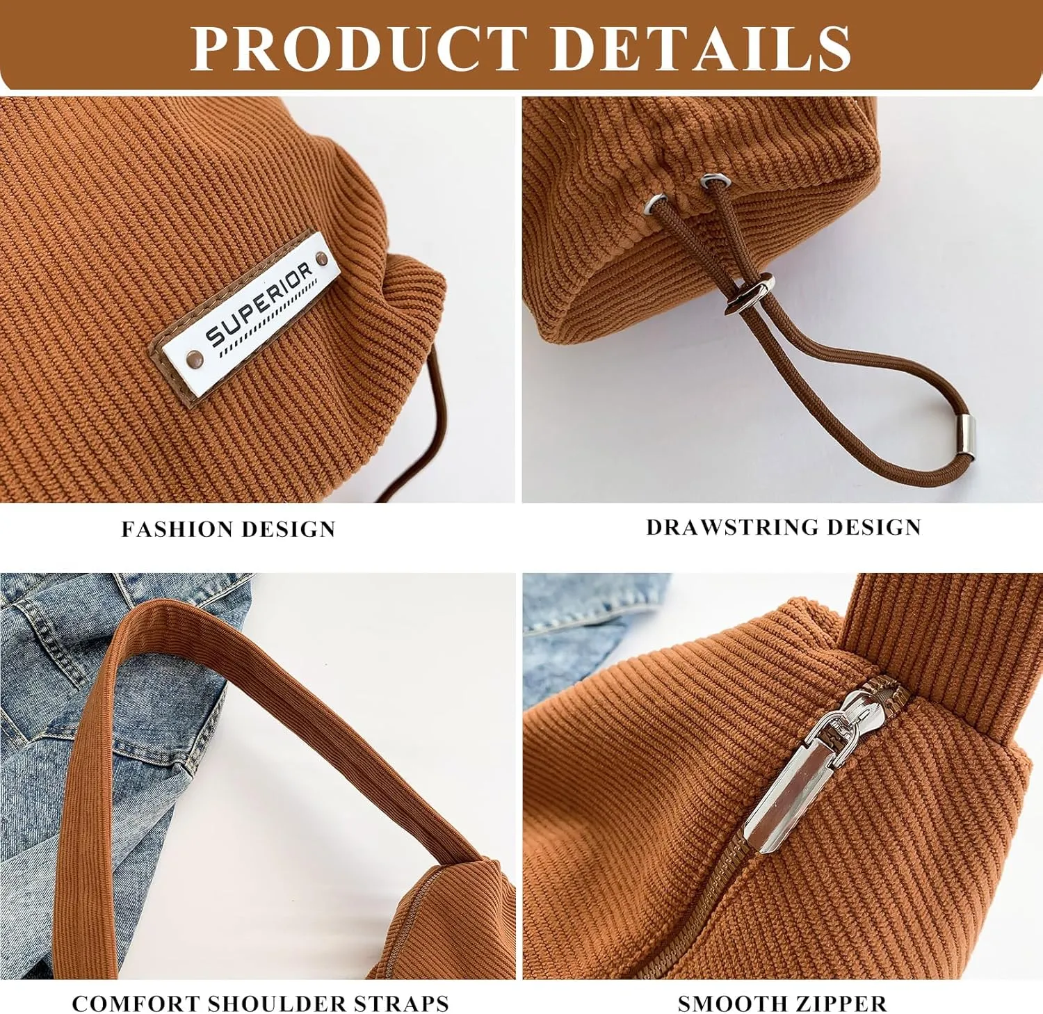 Corduroy Tote Bag for Women, Large Corduroy Hobo Purses Aesthetic Tote Bag Shoulder Handbags