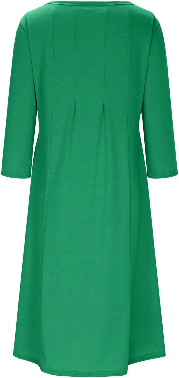 Cotton Dresses for Women Solid Basic Pleated Crew Neck Short Sleeve Midi Dresses 2025 Trendy Plus Size Swing Dress