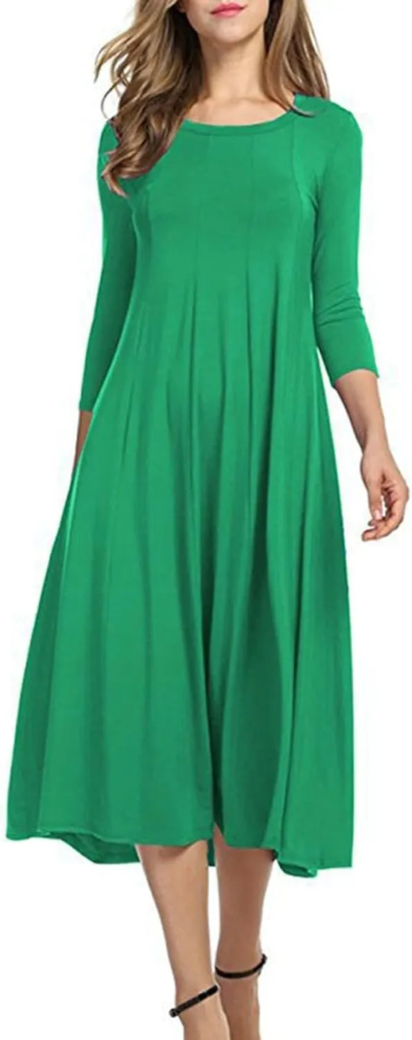 Cotton Dresses for Women Solid Basic Pleated Crew Neck Short Sleeve Midi Dresses 2025 Trendy Plus Size Swing Dress
