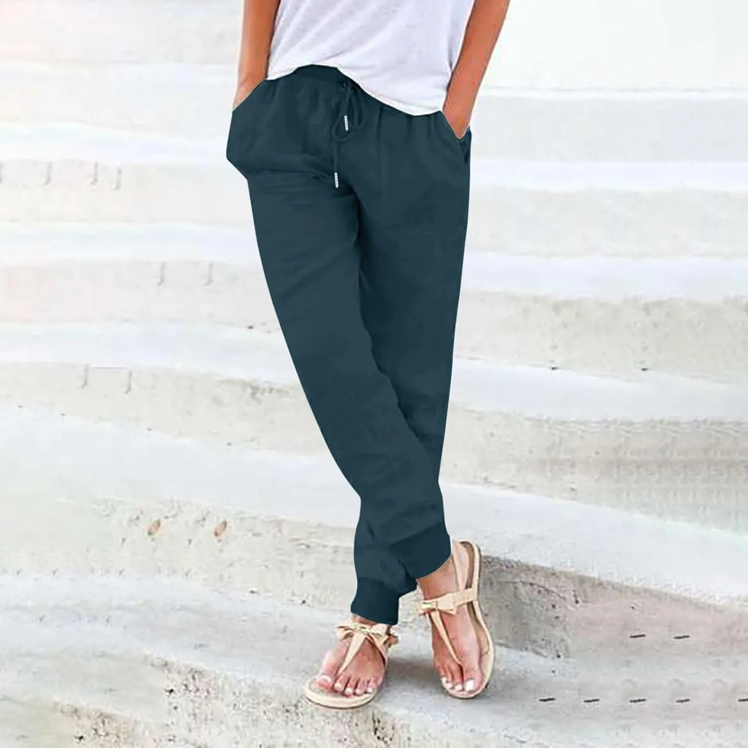 Cotton Joggers for Women Summer Drawstring Elastic Waist Pants Casual Straight Leg Solid Color Comfy Trousers with Pockets