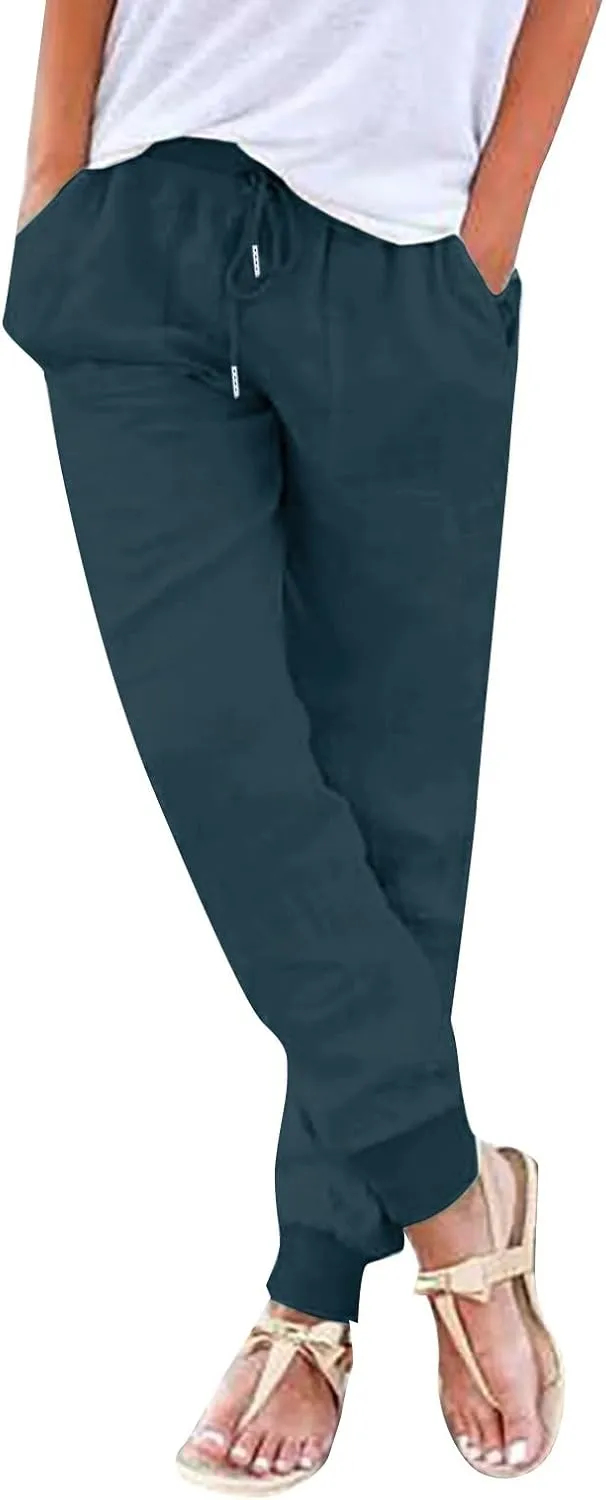 Cotton Joggers for Women Summer Drawstring Elastic Waist Pants Casual Straight Leg Solid Color Comfy Trousers with Pockets