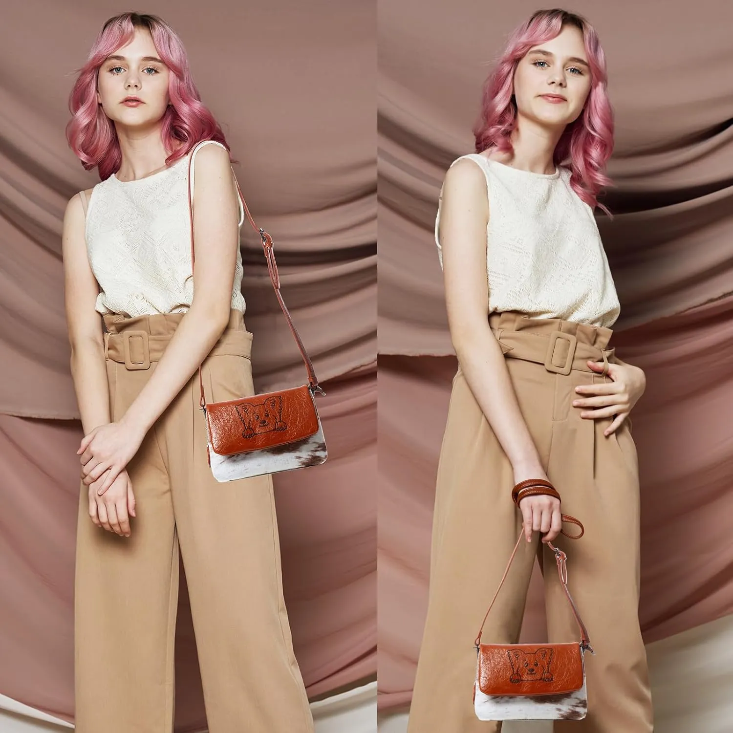 Crossbody Bags for Women, Plush & Leather Purse with Adjustable Strap Shoulder Handbags for Travel Shopping, Corgis Pattern