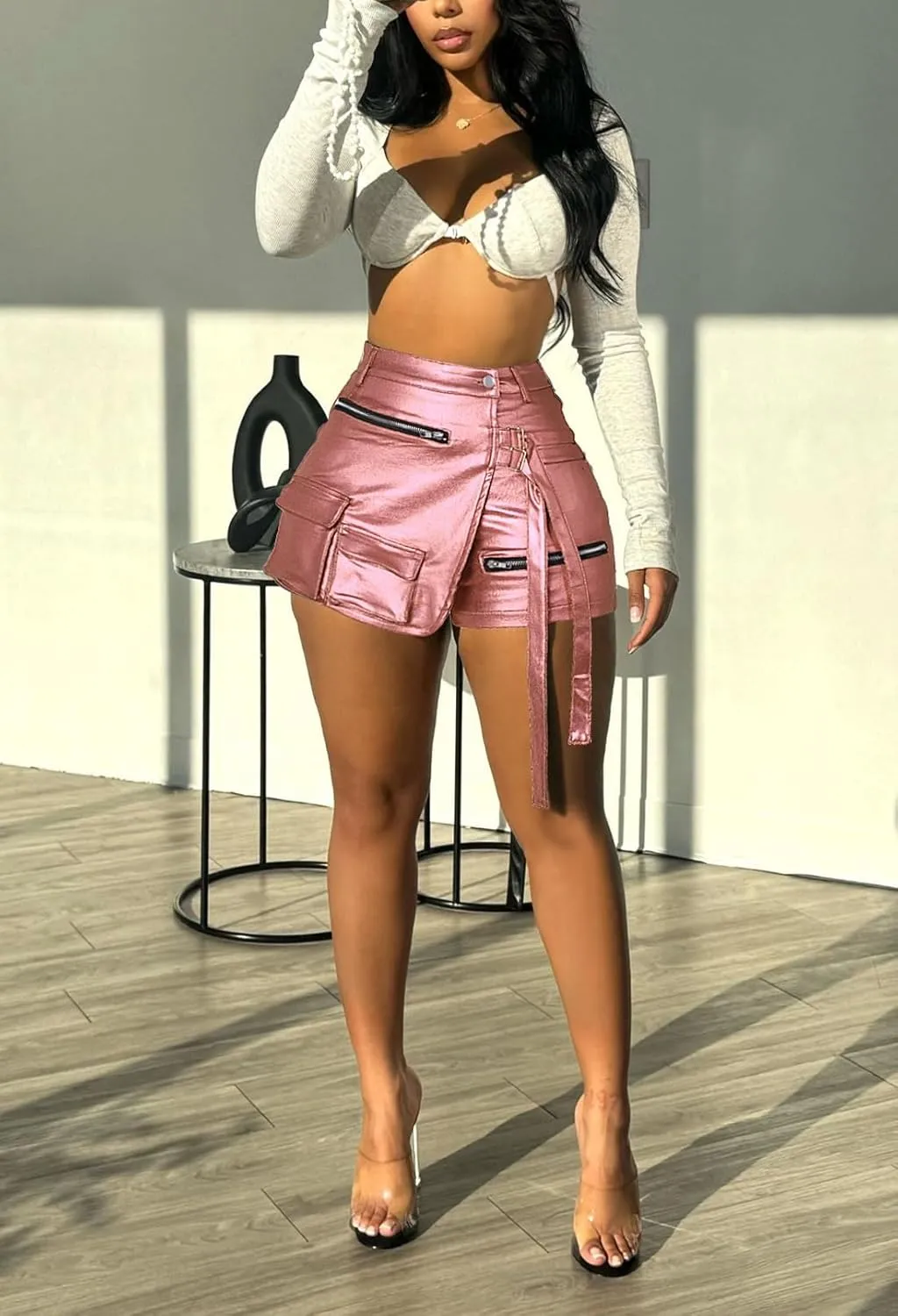 cu4eve Faux Leather Shorts for Women Slit PU High Waisted Cargo Metallic Mini Skirt Skorts Dressy Casual Club