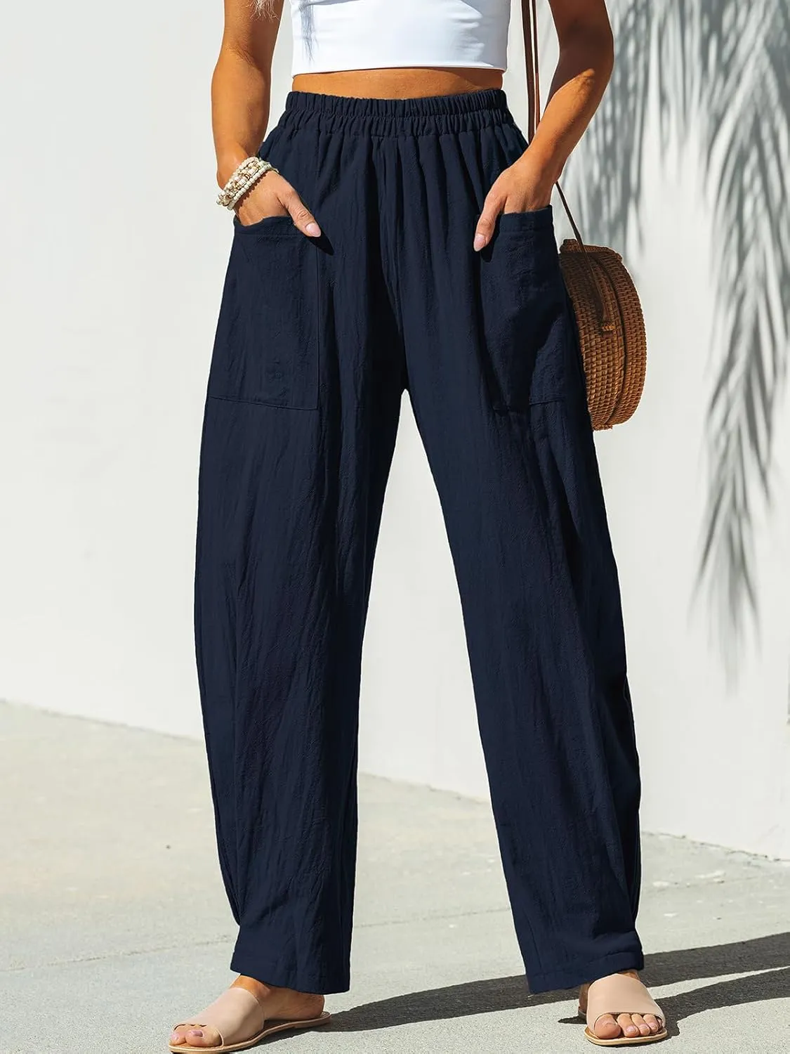 CUPSHE Women Pants Patch Pocket Tapered Leg Elastic Waist Long Pant Casual Beach