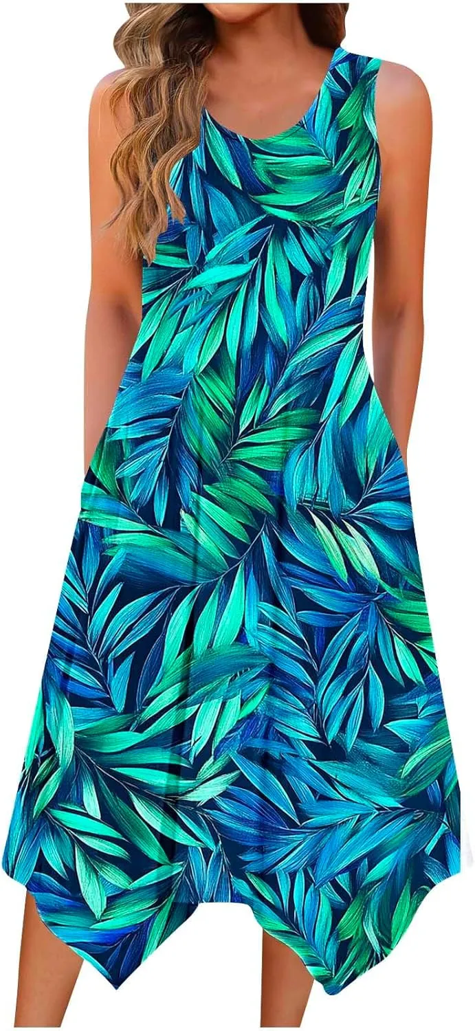 Cute Dresses for Women Casual Crewneck Sleeveless Floral Flowy Sundresses 2025 Beach Vacation Summer Hawaiian Dress