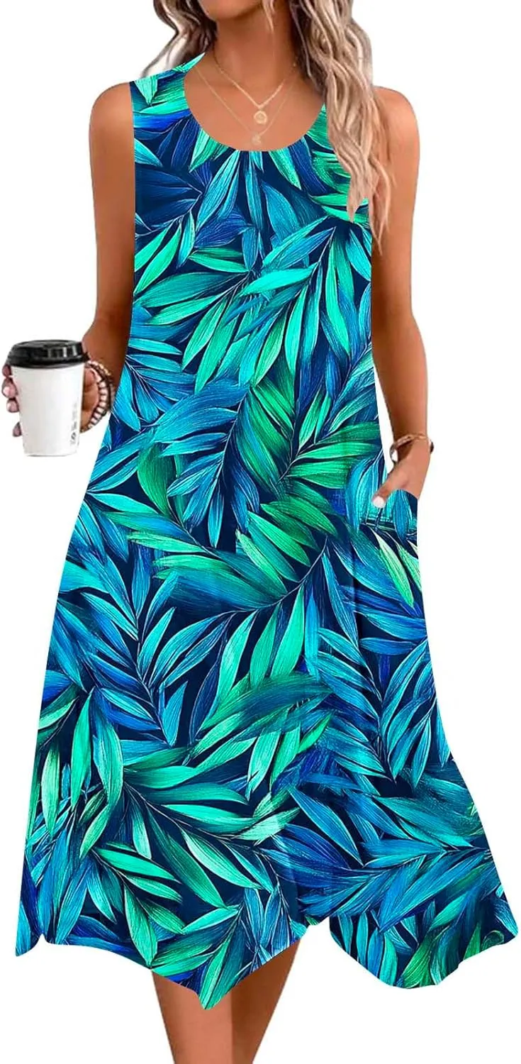 Cute Dresses for Women Casual Crewneck Sleeveless Floral Flowy Sundresses 2025 Beach Vacation Summer Hawaiian Dress