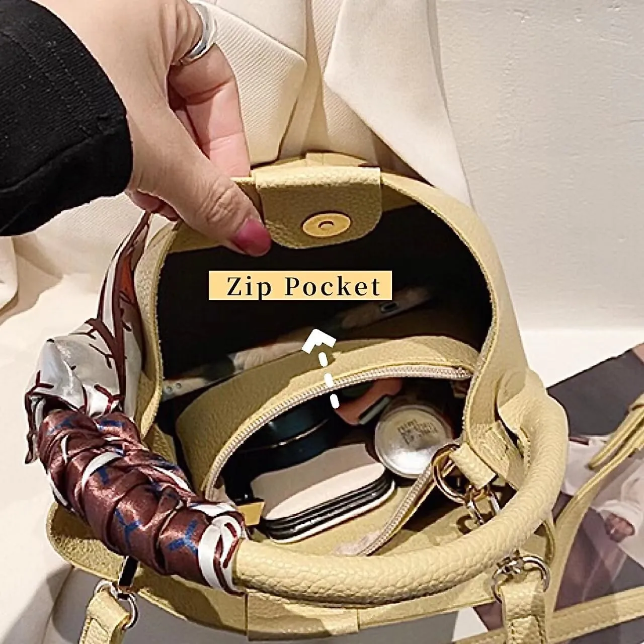 Cute Macaroon Bucket Bag for Women Faux Leather Crossbody Bag Small Purse Handbag Shoulder Bag Silk Ribbon Woven Handle