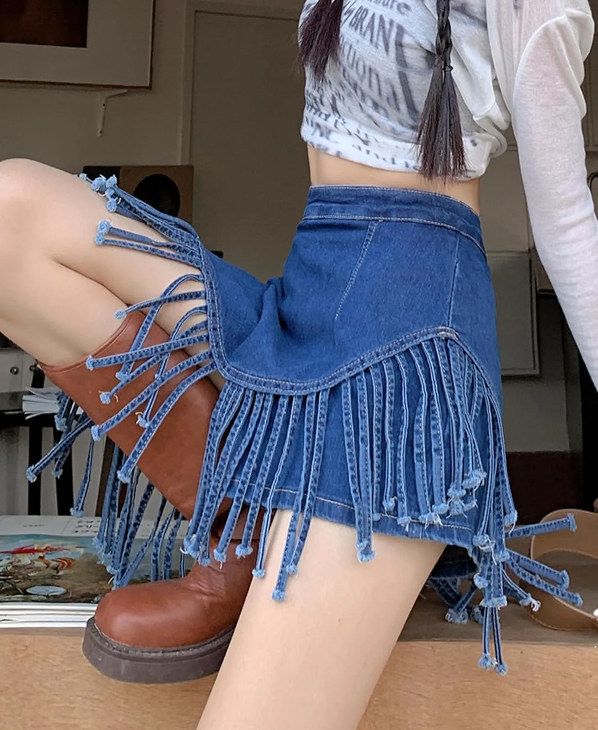 Denim Skirt Women High Waisted Trendy Tassel Casual Fringe Jean Mini Skirt with Skorts