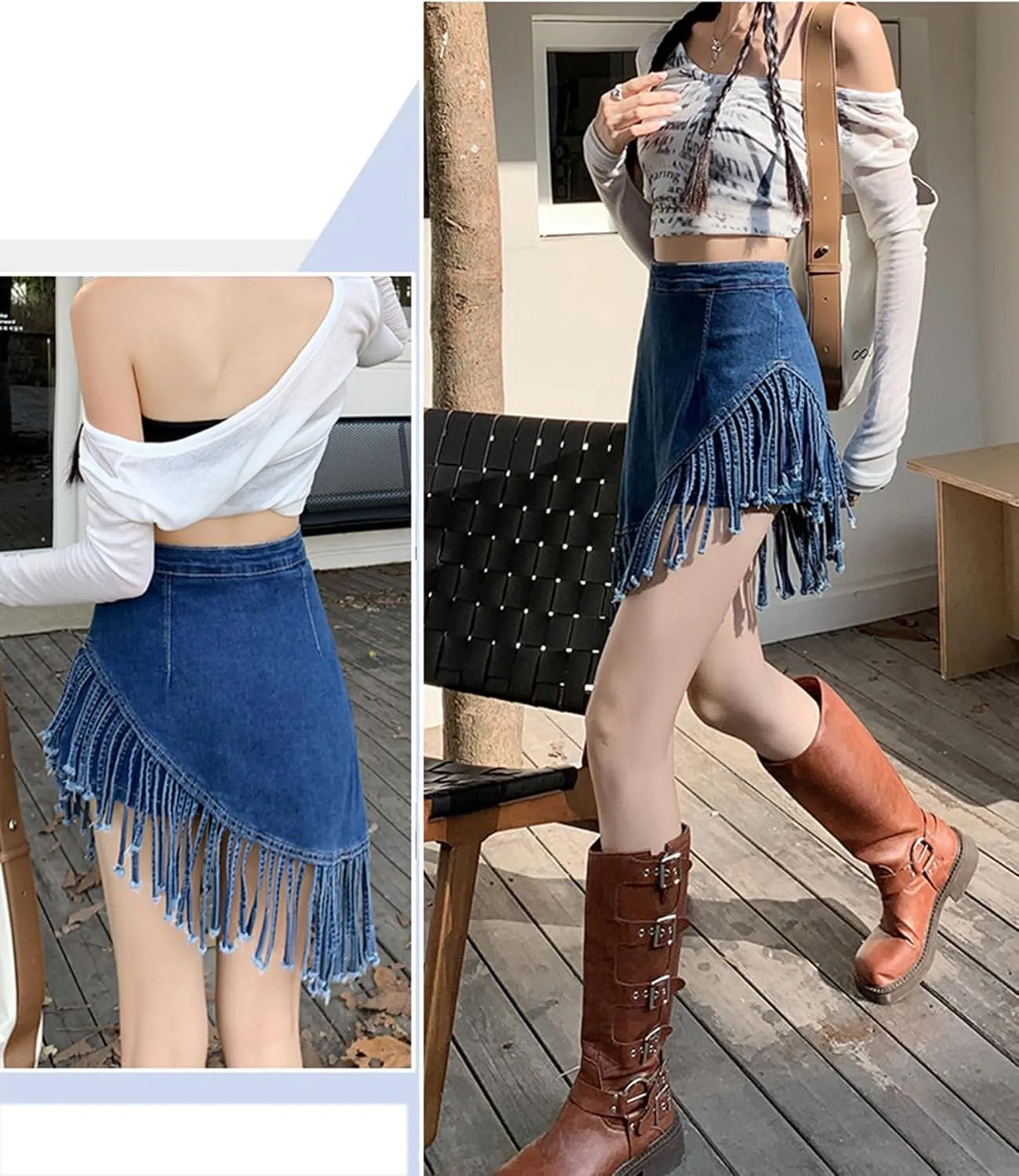 Denim Skirt Women High Waisted Trendy Tassel Casual Fringe Jean Mini Skirt with Skorts