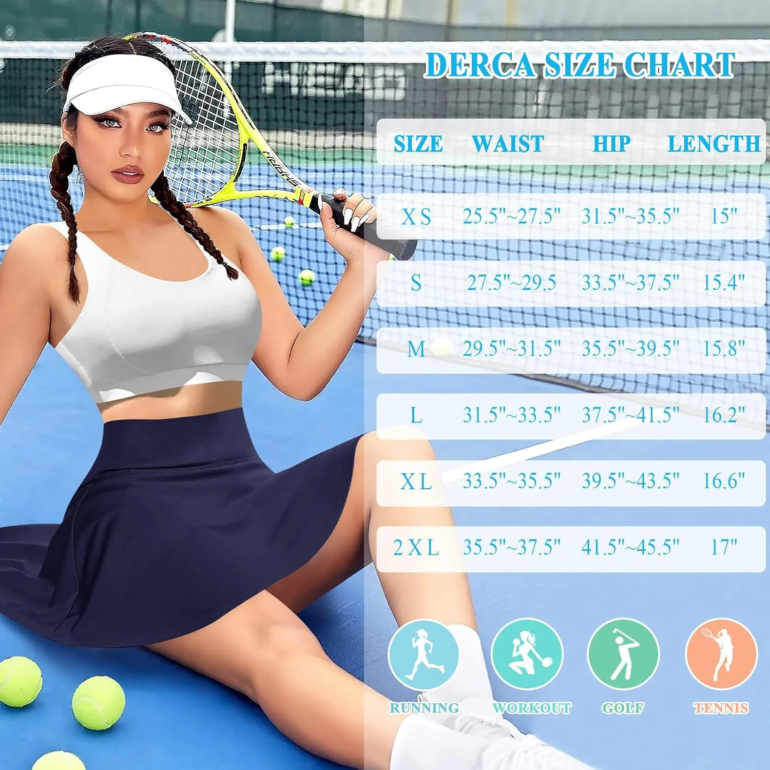 DERCA Pleated Tennis Skirt for Women with Pockets Shorts High Waisted Golf Skirts Workout Running Sports Athletic Skort