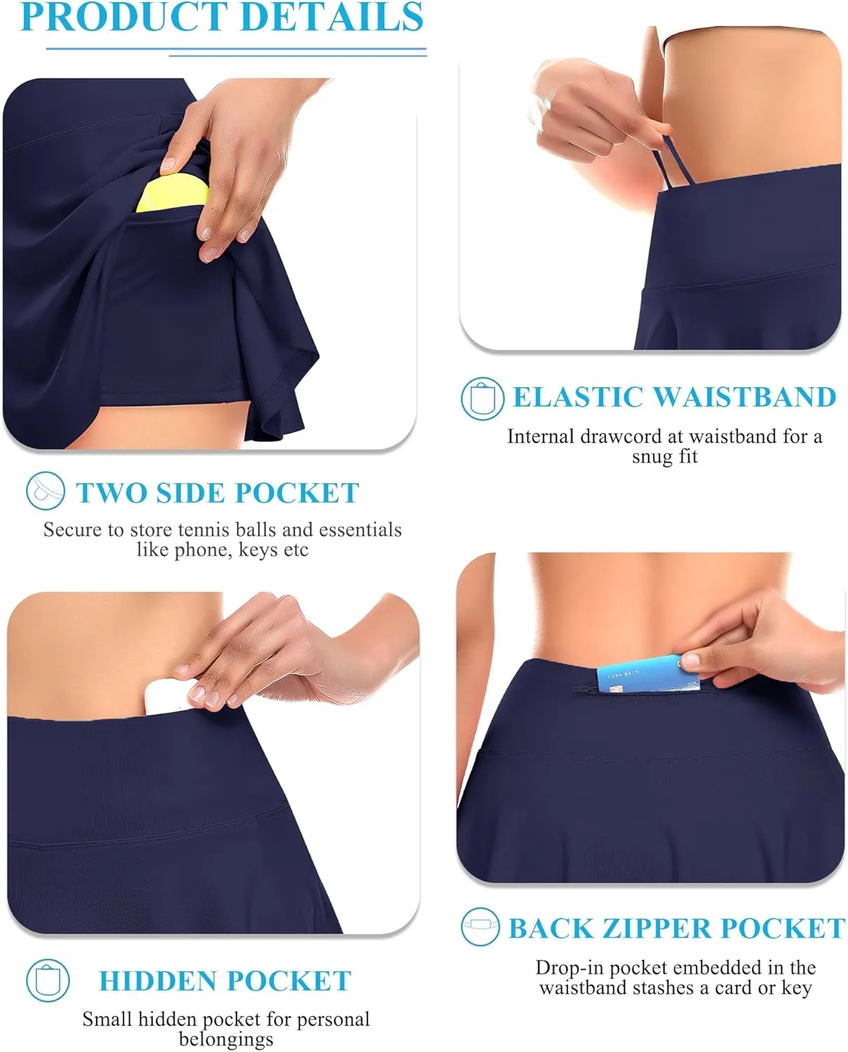 DERCA Pleated Tennis Skirt for Women with Pockets Shorts High Waisted Golf Skirts Workout Running Sports Athletic Skort