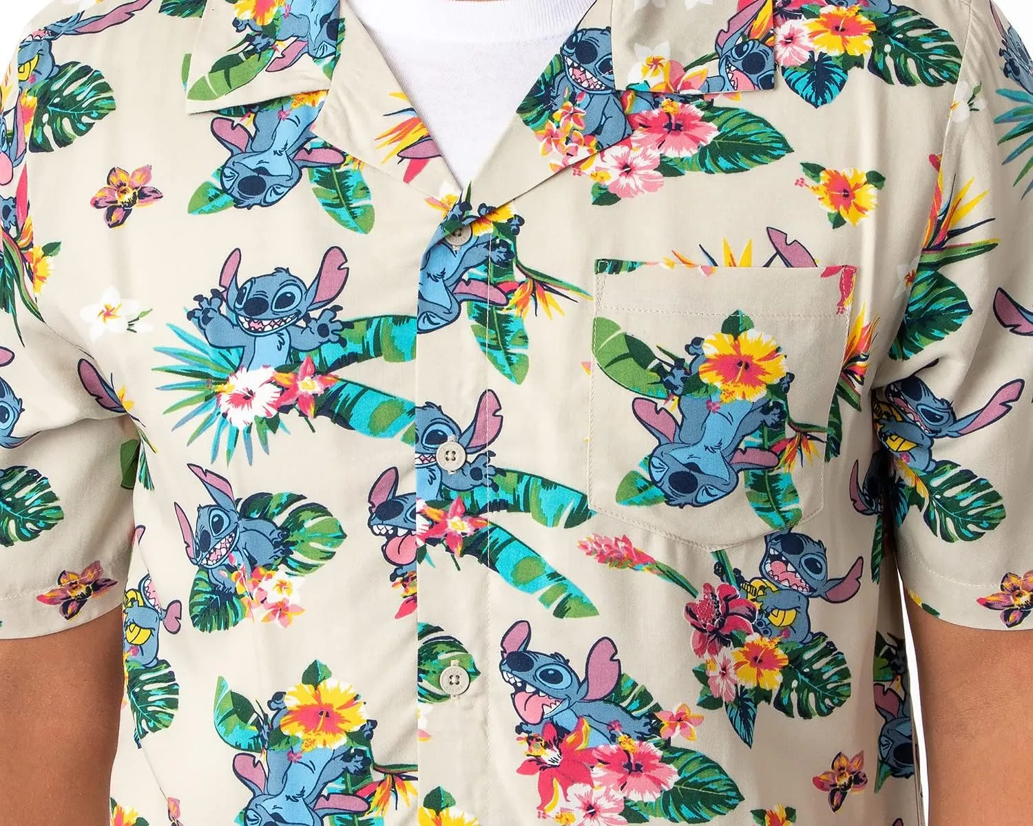 Disney Lilo and Stitch Men's Stitch Tropical Hawaiian Button Up Shirt