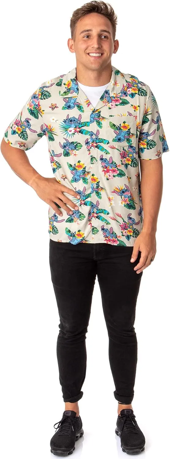 Disney Lilo and Stitch Men's Stitch Tropical Hawaiian Button Up Shirt