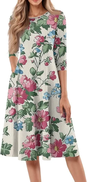 Dress for Women 3/4 Sleeve Spring Wrap Dress Empire Waist Floral Fitted Dress Summer Cute Flowy Dresses with Pocket