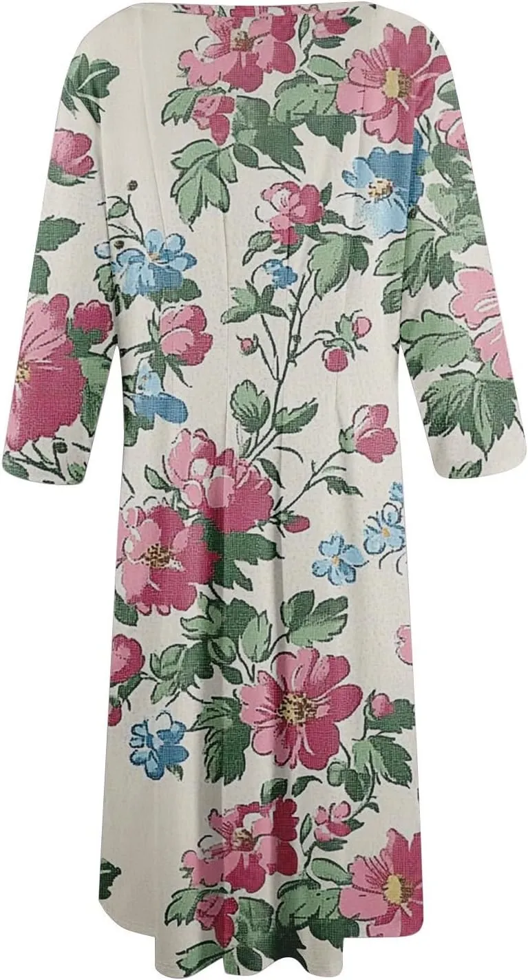 Dress for Women 3/4 Sleeve Spring Wrap Dress Empire Waist Floral Fitted Dress Summer Cute Flowy Dresses with Pocket