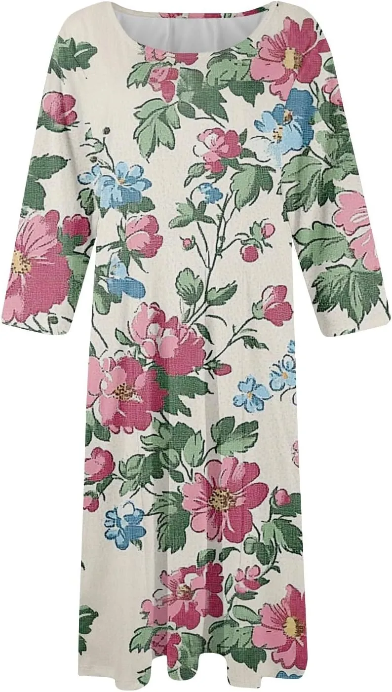 Dress for Women 3/4 Sleeve Spring Wrap Dress Empire Waist Floral Fitted Dress Summer Cute Flowy Dresses with Pocket