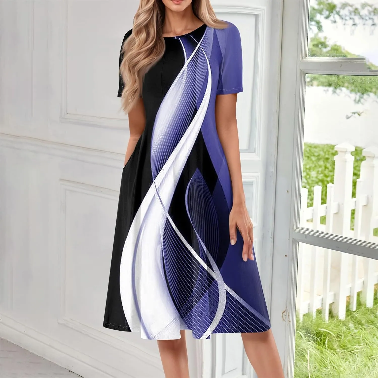 Dresses for Women 2025 Short Sleeve Round Neck Church Dress Pleated Knee Length Dress with Pockets Curvy Dress