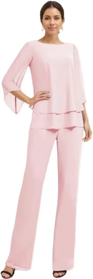 Dressy Mother of The Bride Pant Suits for Wedding Chiffon 2 Piece Evening Outfits Women Formal Pantsuits with Sleeve