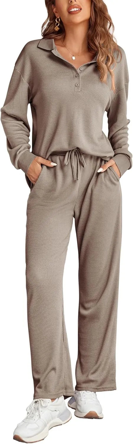 Ekouaer Waffle Knit Pajamas Set for Women 2 Piece Outfits Long Sleeve Button Top and Wide Leg Pant with Pockets Loungewear